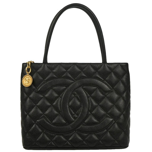 Chanel 2003-2004 Black Caviar Medallion Tote Handbag