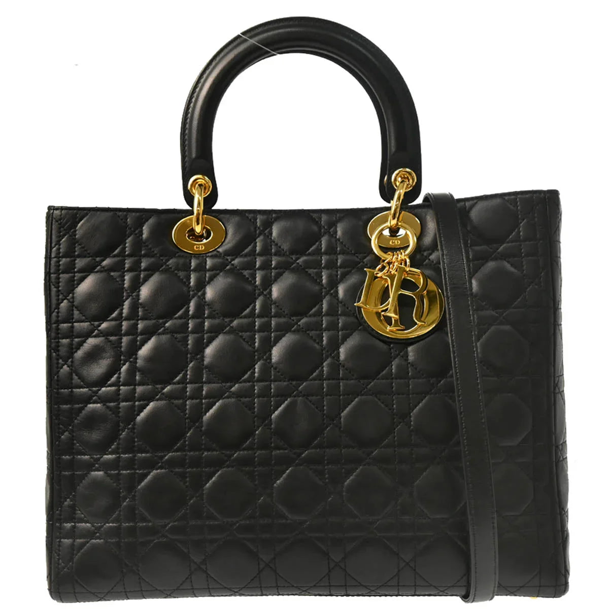 Christian Dior 2001 Black Lambskin Large Lady Dior Cannage 2way Shoulder Handbag