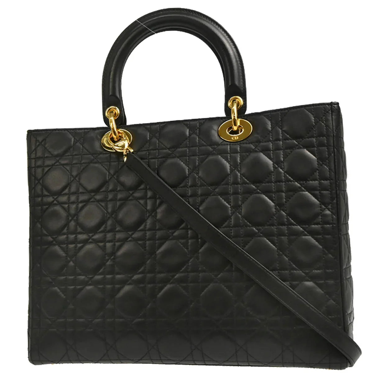 Christian Dior 2001 Black Lambskin Large Lady Dior Cannage 2way Shoulder Handbag