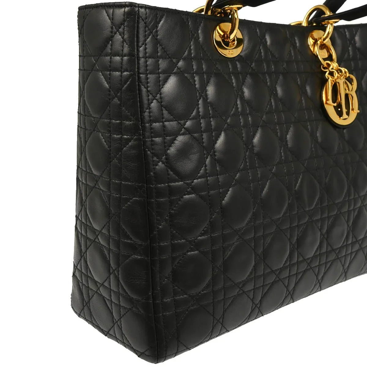Christian Dior 2001 Black Lambskin Large Lady Dior Cannage 2way Shoulder Handbag