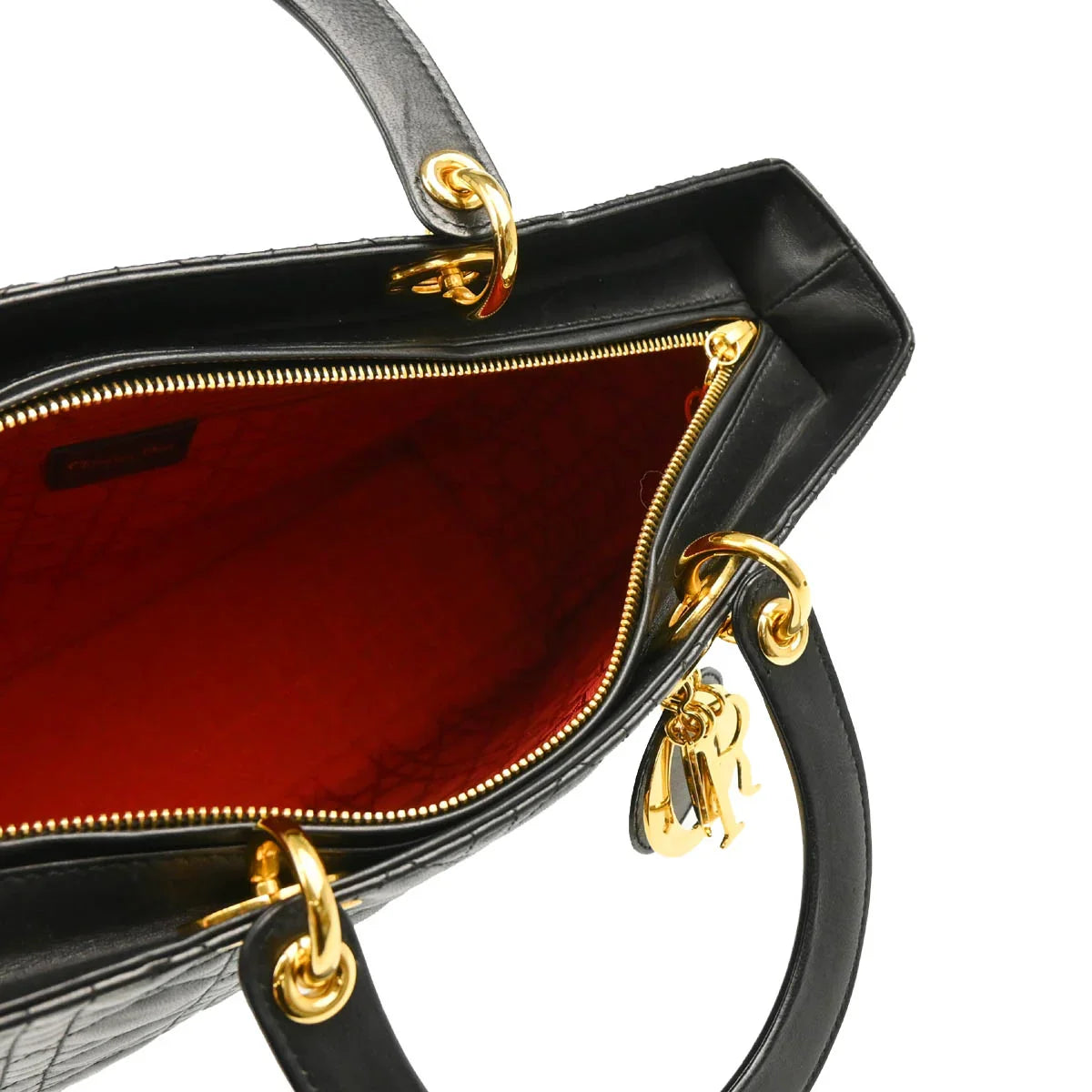 Christian Dior 2001 Black Lambskin Large Lady Dior Cannage 2way Shoulder Handbag