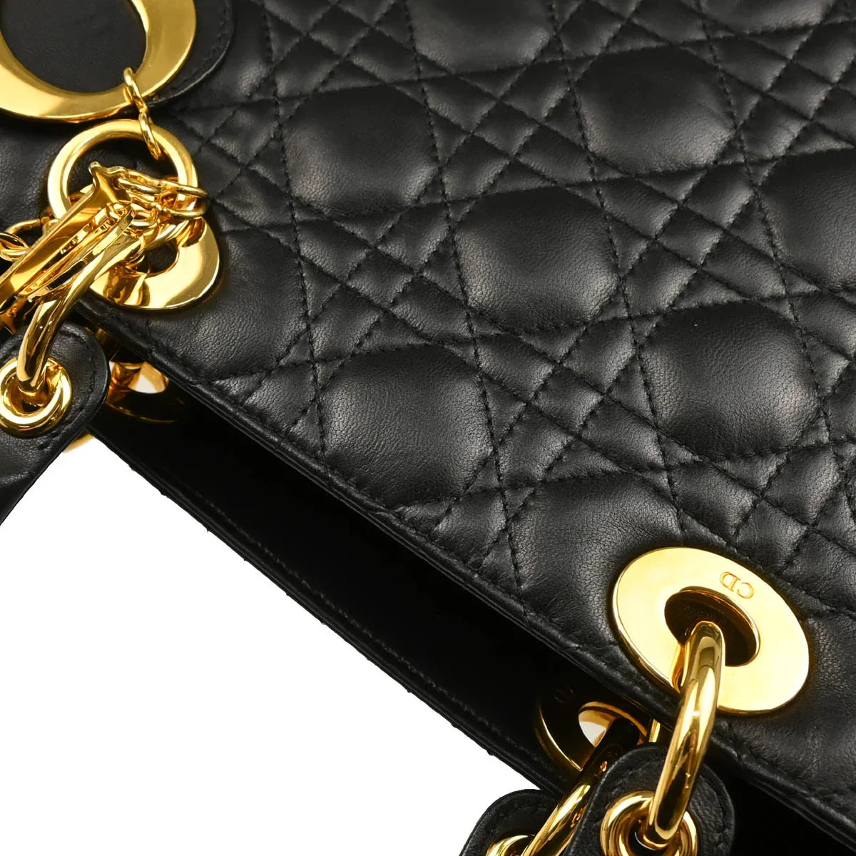 Christian Dior 2001 Black Lambskin Large Lady Dior Cannage 2way Shoulder Handbag