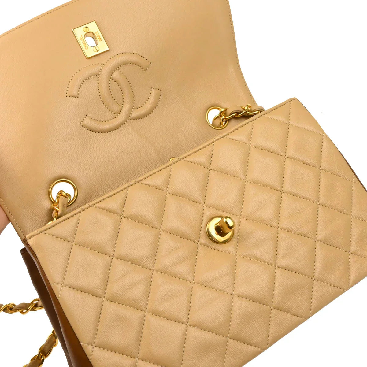 Chanel 1989-1991 Beige Brown Lambskin Shoulder Bag