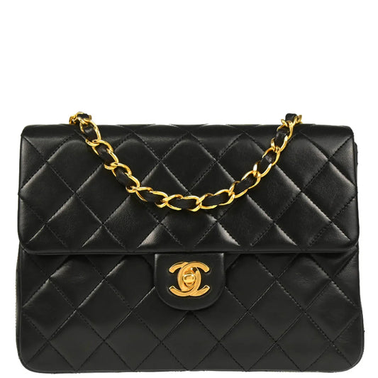Chanel 1989-1991 Black Lambskin Classic Square Flap Shoulder Bag