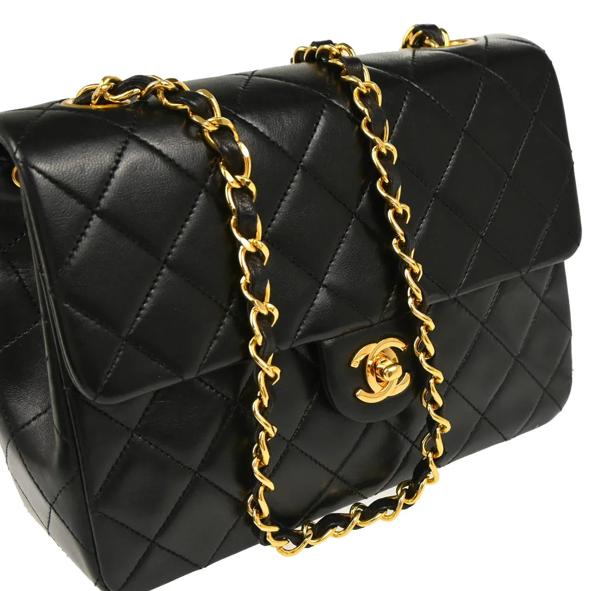 Chanel 1989-1991 Black Lambskin Classic Square Flap Shoulder Bag