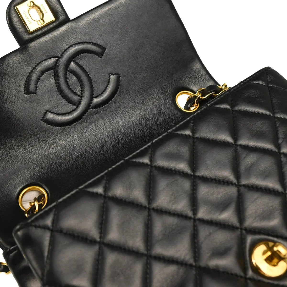 Chanel 1989-1991 Black Lambskin Classic Square Flap Shoulder Bag