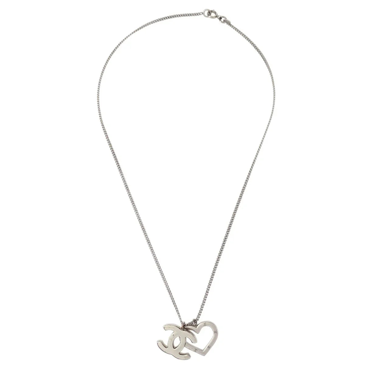 Chanel CC Heart Chain Necklace Silver 04P