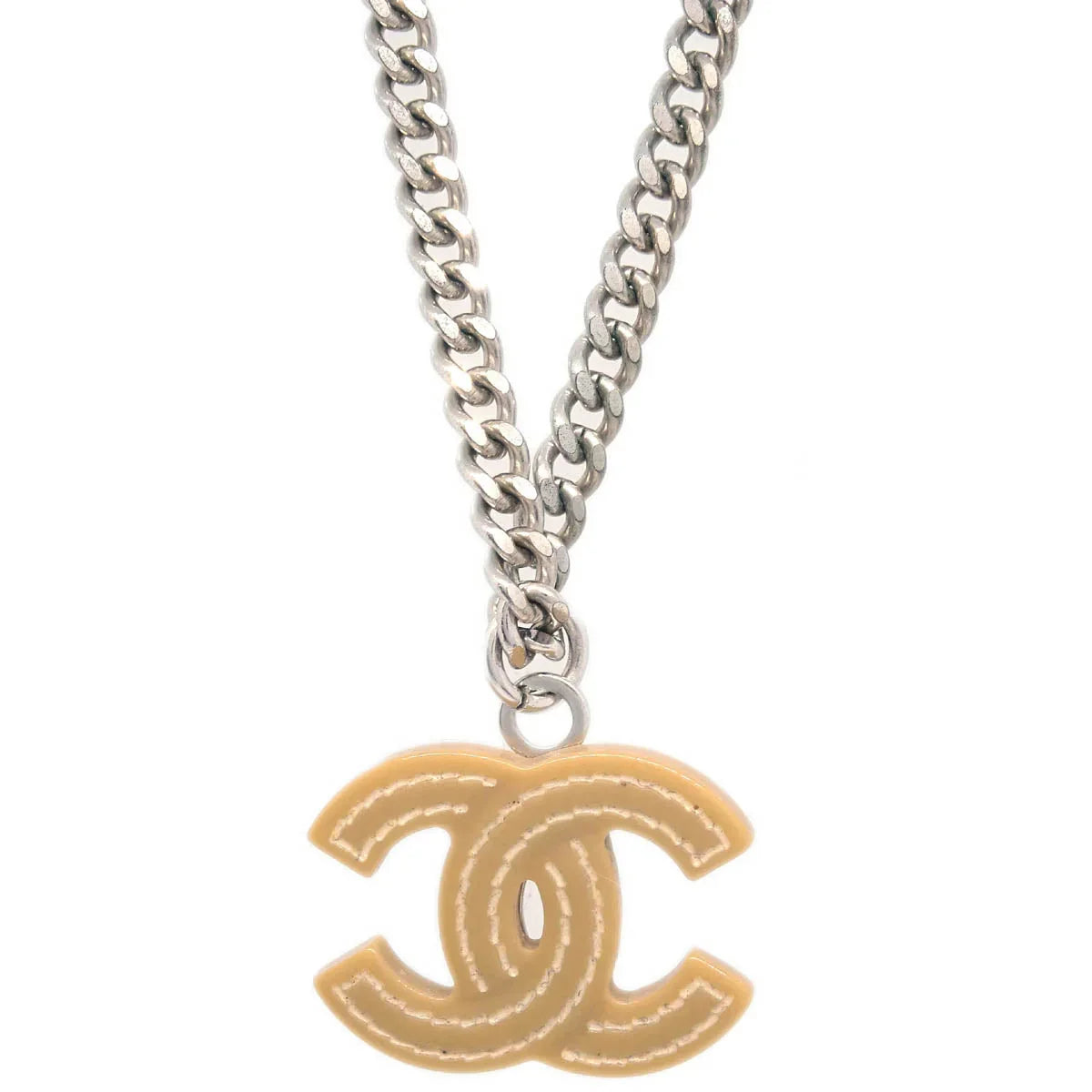 Chanel CC Chain Necklace Silver Brown 05A