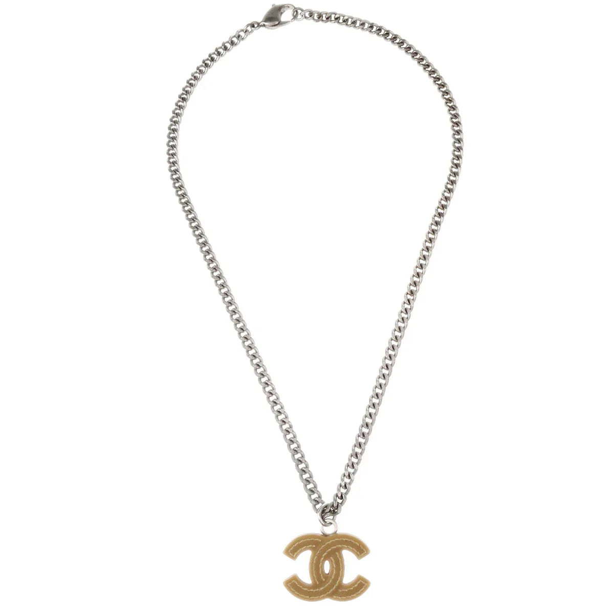Chanel CC Chain Necklace Silver Brown 05A
