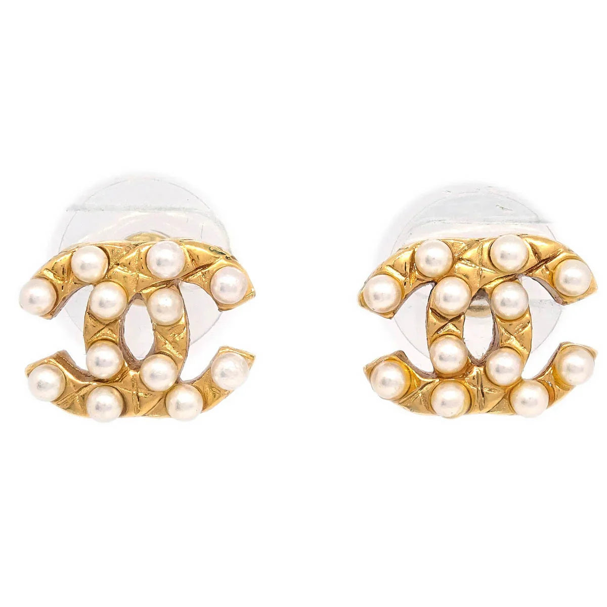 Chanel Piercing Earrings Gold CC Costume Pearl 03A