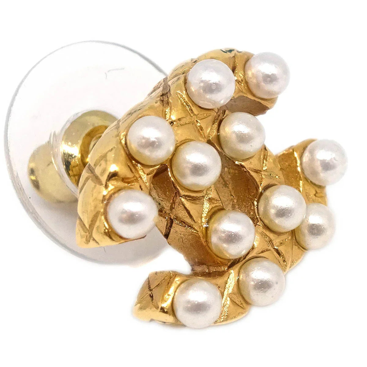 Chanel Piercing Earrings Gold CC Costume Pearl 03A