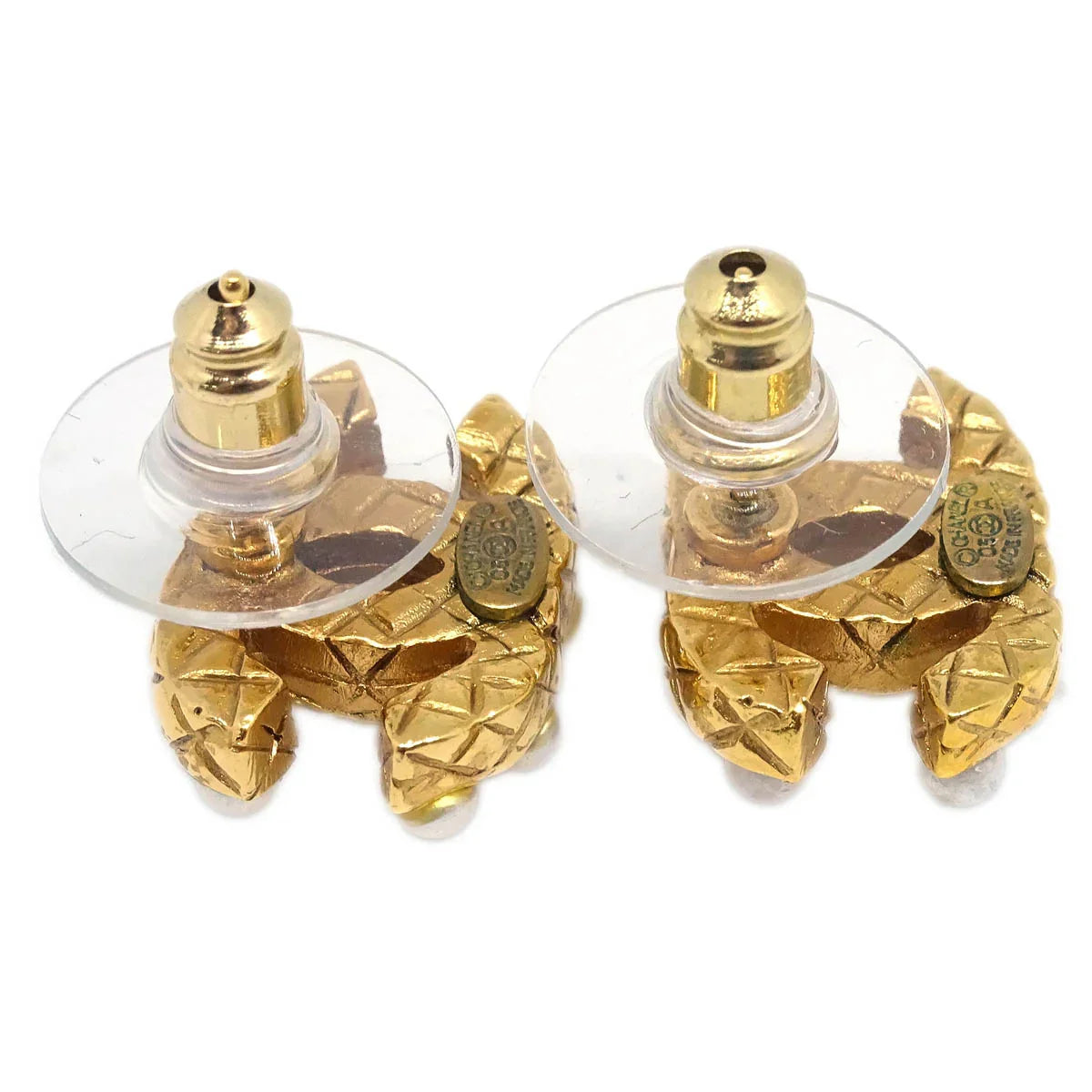 Chanel Piercing Earrings Gold CC Costume Pearl 03A