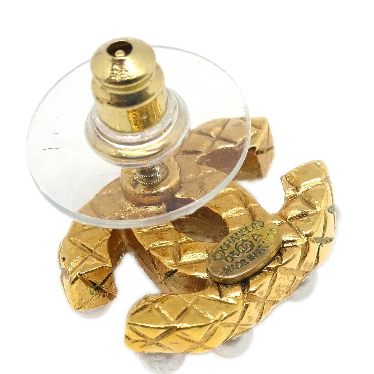 Chanel Piercing Earrings Gold CC Costume Pearl 03A