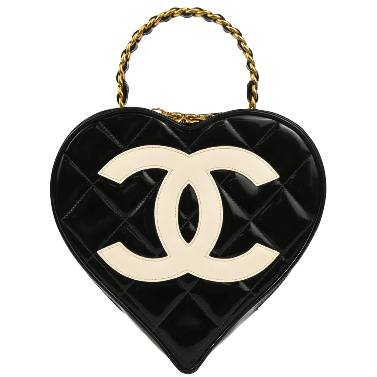 Chanel Black Patent Leather Heart Vanity Handbag