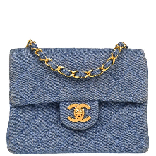 Chanel 1989-1991 Blue Denim Mini Classic Square Flap Shoulder Bag
