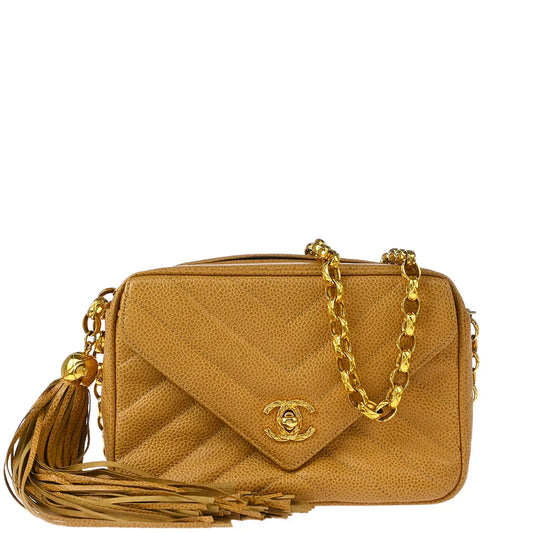 Chanel Beige Caviar Chevron Camera Bag Mini