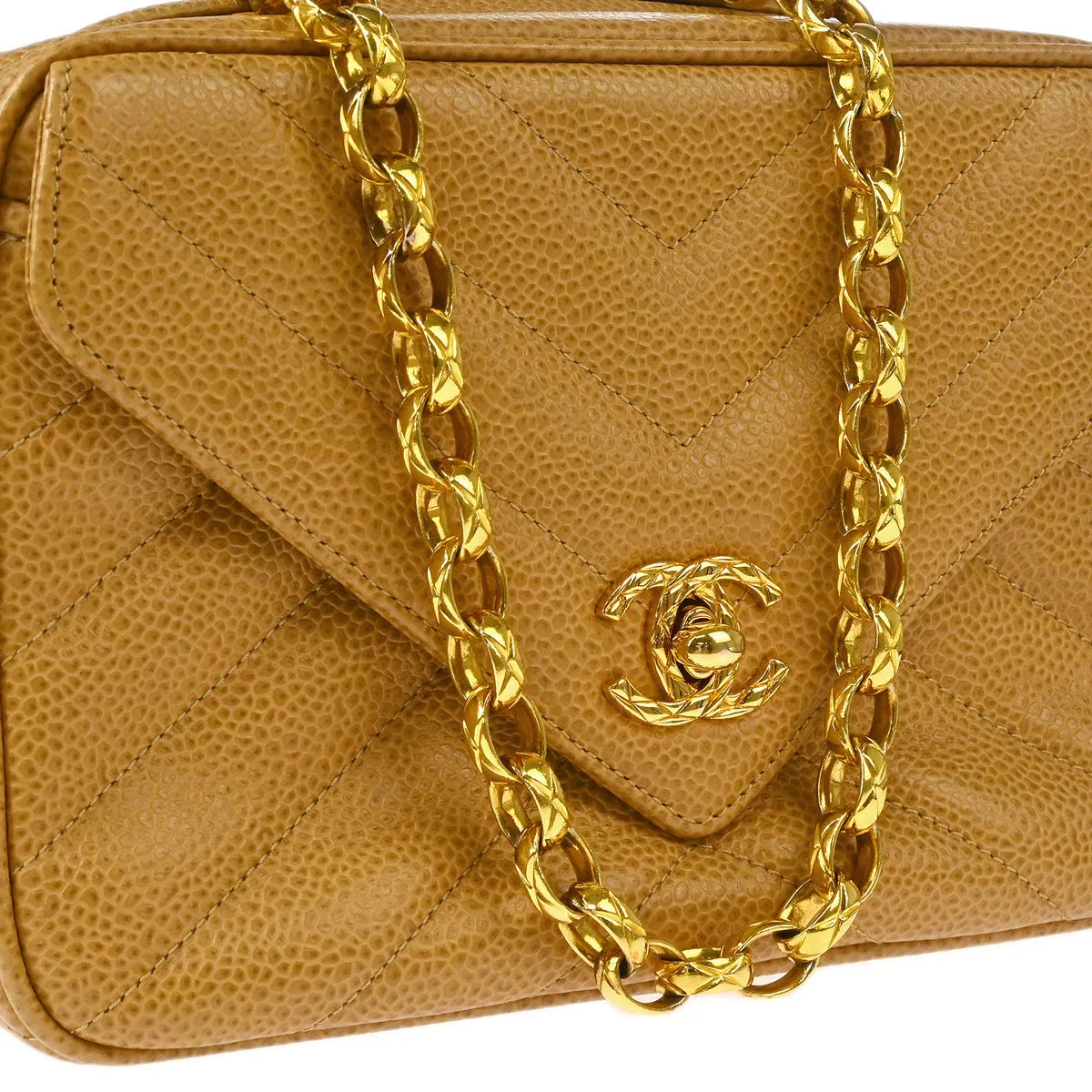 Chanel Beige Caviar Chevron Camera Bag Mini