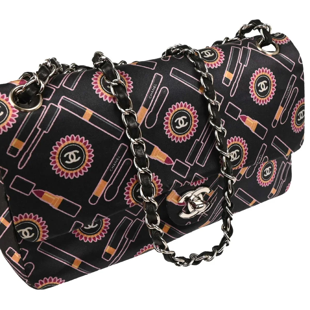 Chanel Black Satin Lipstick Classic Single Flap Shoulder Bag