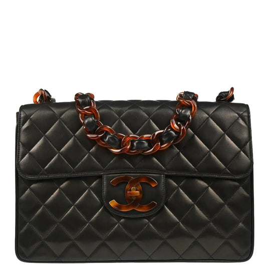 Chanel 1994-1996 Black Lambskin Jumbo Classic Flap Shoulder Bag