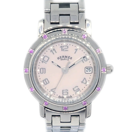 Hermes CL4.231 Clipper Quartz Watch SS Pink Shell Pink Sapphire