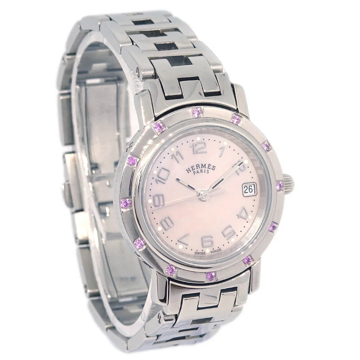 Hermes CL4.231 Clipper Quartz Watch SS Pink Shell Pink Sapphire