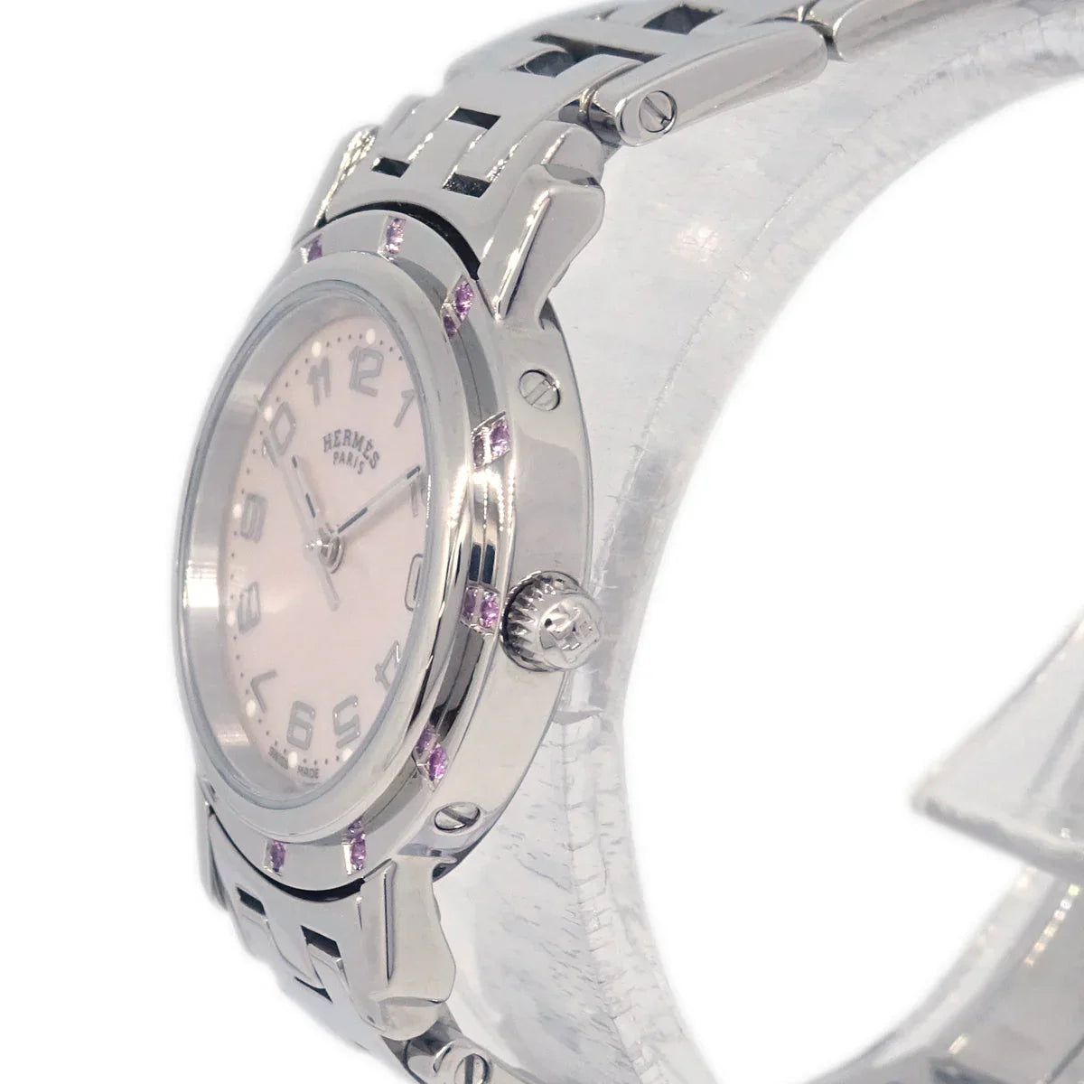 Hermes CL4.231 Clipper Quartz Watch SS Pink Shell Pink Sapphire