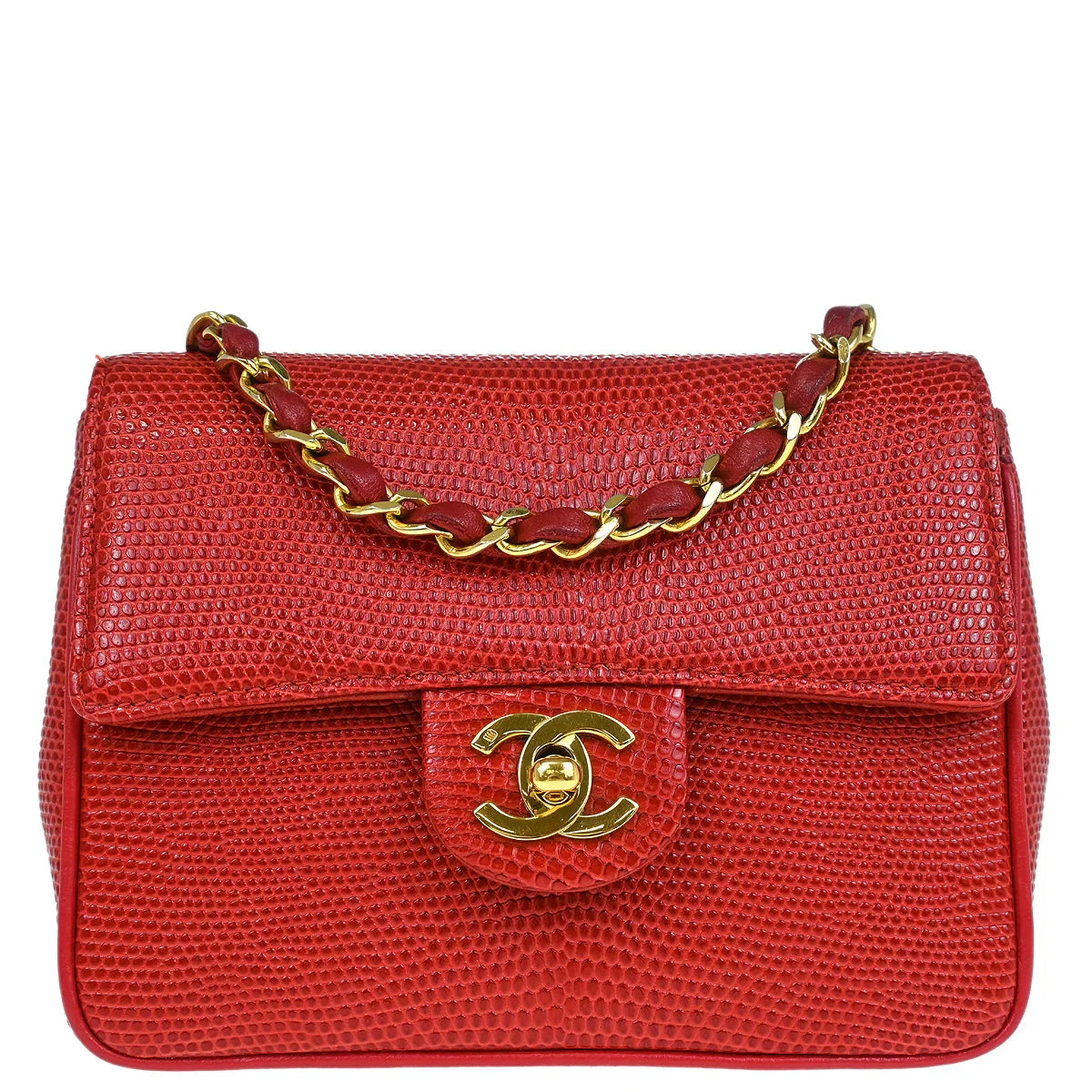 Chanel * Red Lizard Mini Classic Square Flap Shoulder Bag