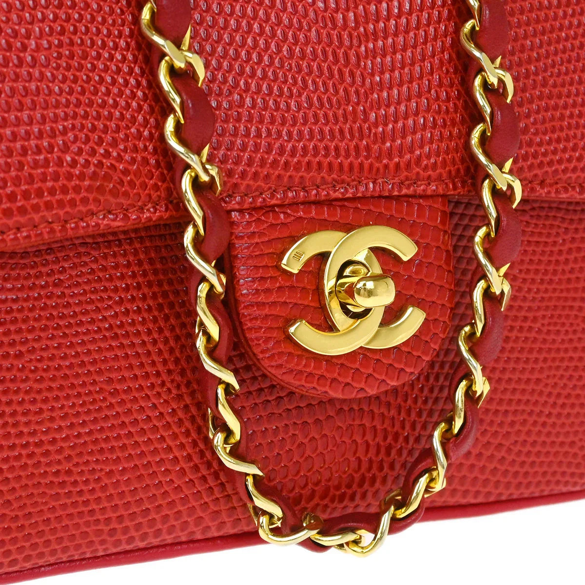 Chanel * Red Lizard Mini Classic Square Flap Shoulder Bag