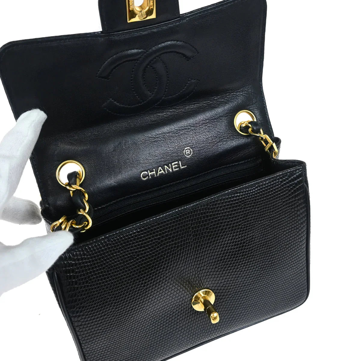 Chanel *Black Lizard Mini Classic Square Flap Shoulder Bag