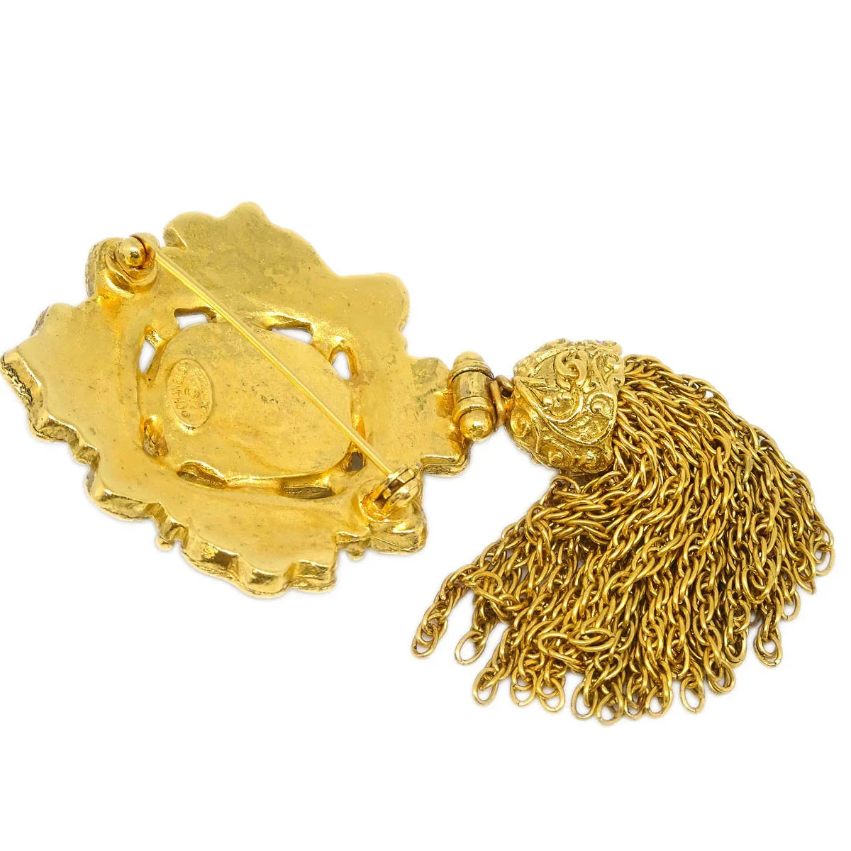 Chanel Gripoix Brooch Pin Gold Red Fringe 94A