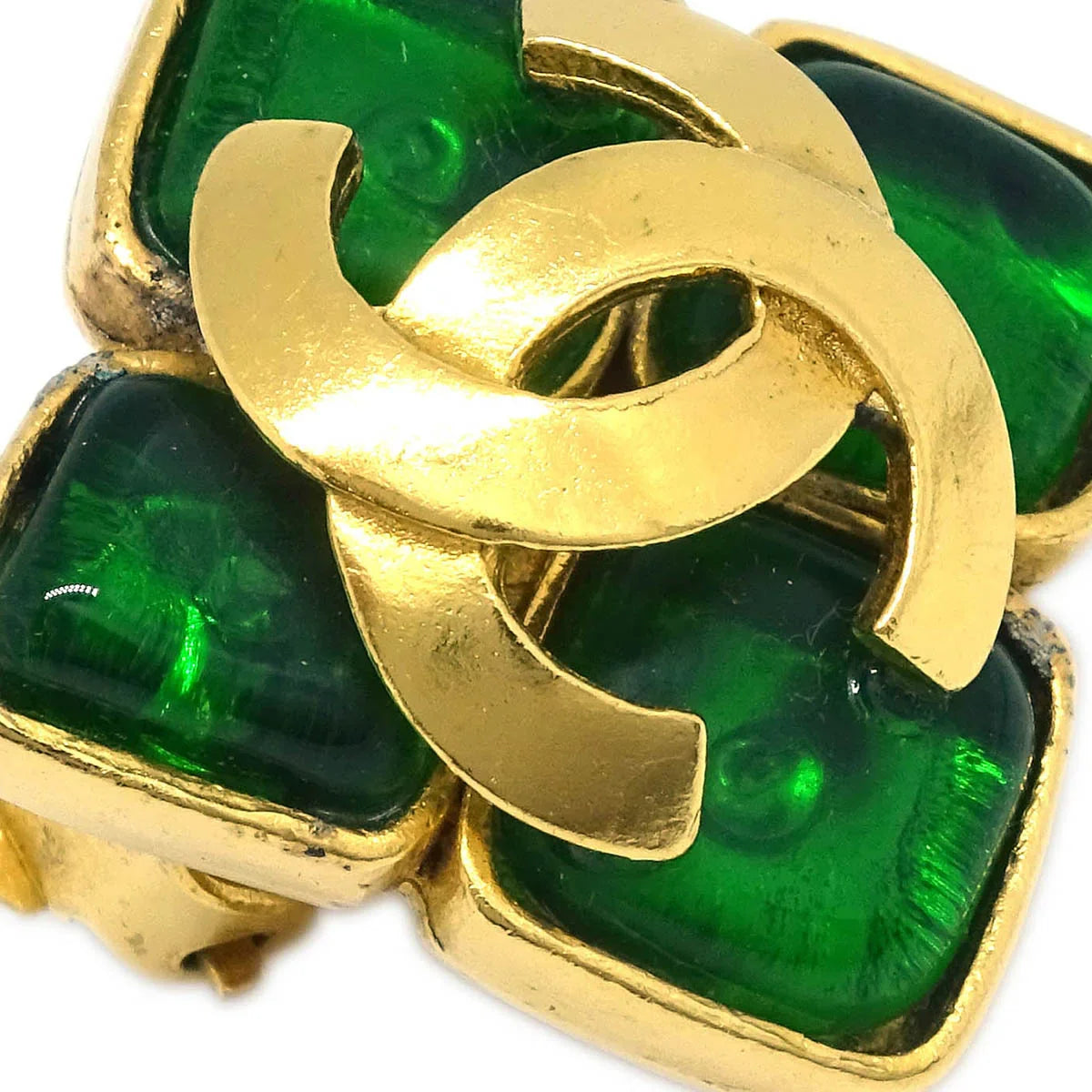 Chanel Gripoix Rhombus Earrings Clip-On Gold Green 95P