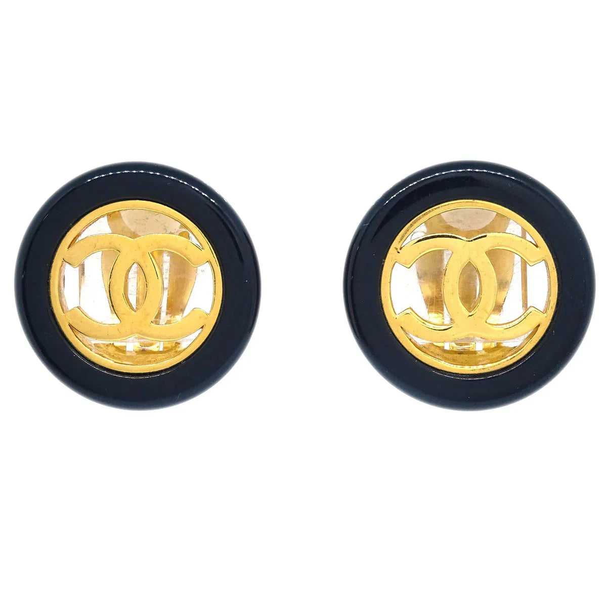 Chanel Gold Black Button Earrings Clip-On 97A