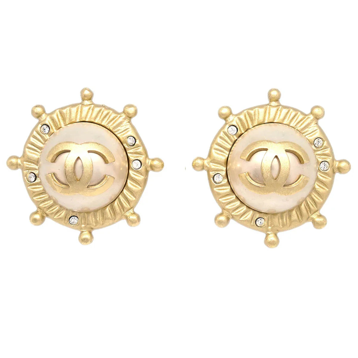 Chanel Gold Button Earrings Clip-On Rhinestone Costume Pearl 05A