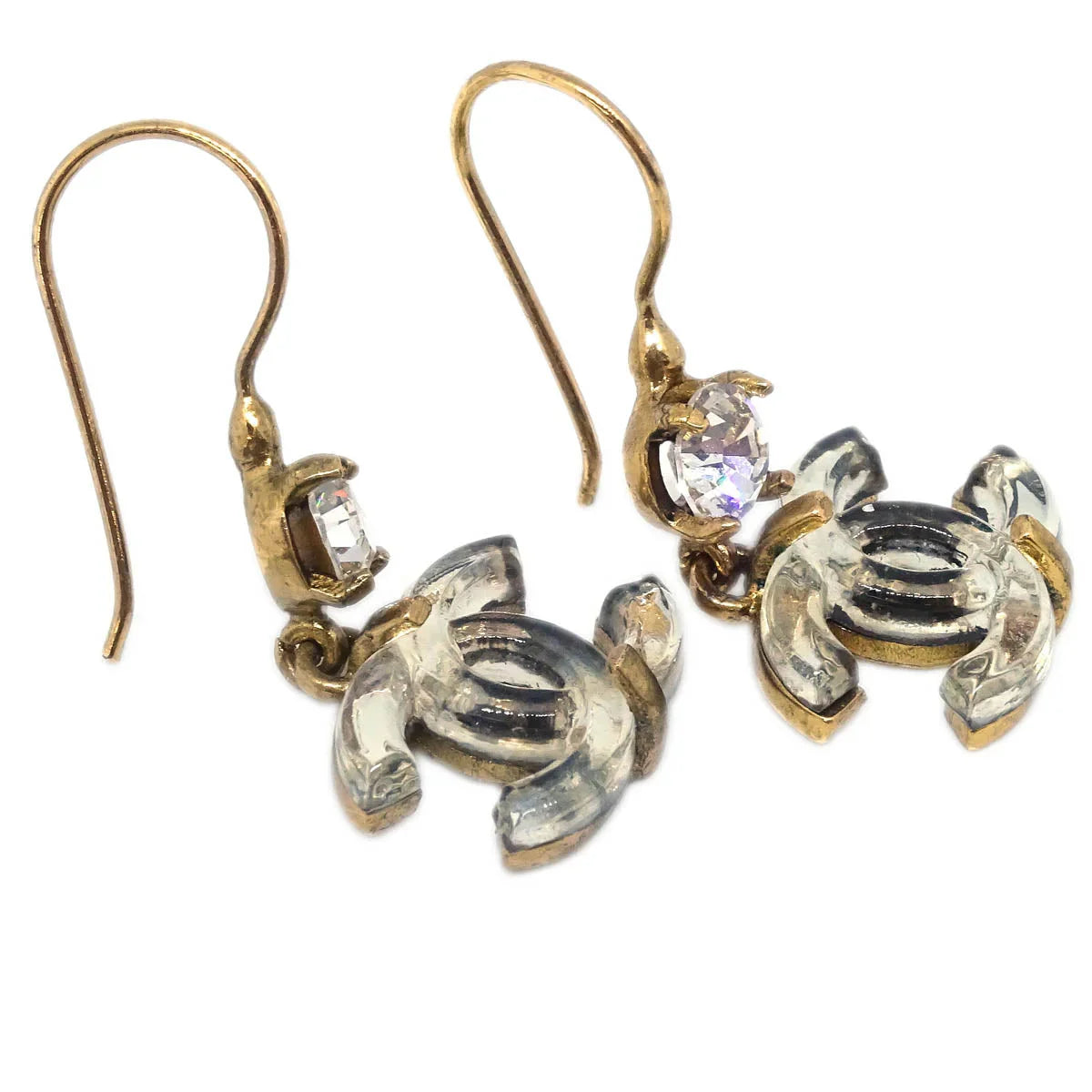 Chanel CC Dangle Piercing Earrings Gold Rhinestone 02A