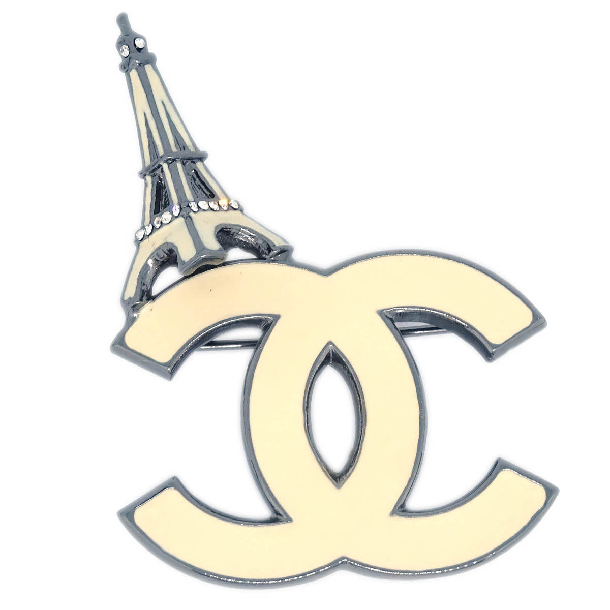 Chanel CC Eiffel Tower Brooch Pin White Rhinestone 06C