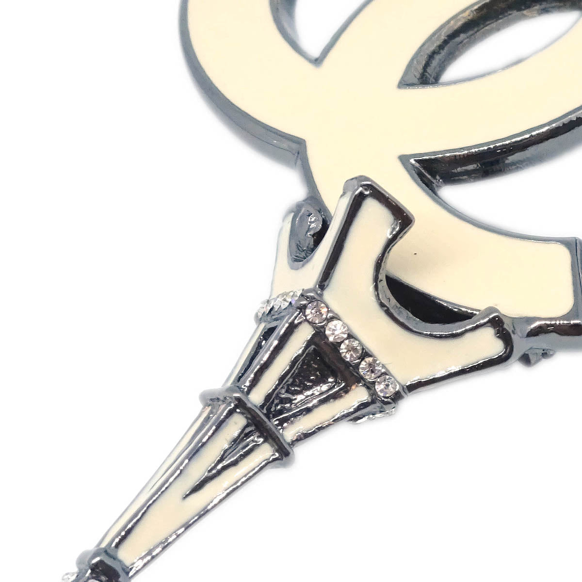Chanel CC Eiffel Tower Brooch Pin White Rhinestone 06C