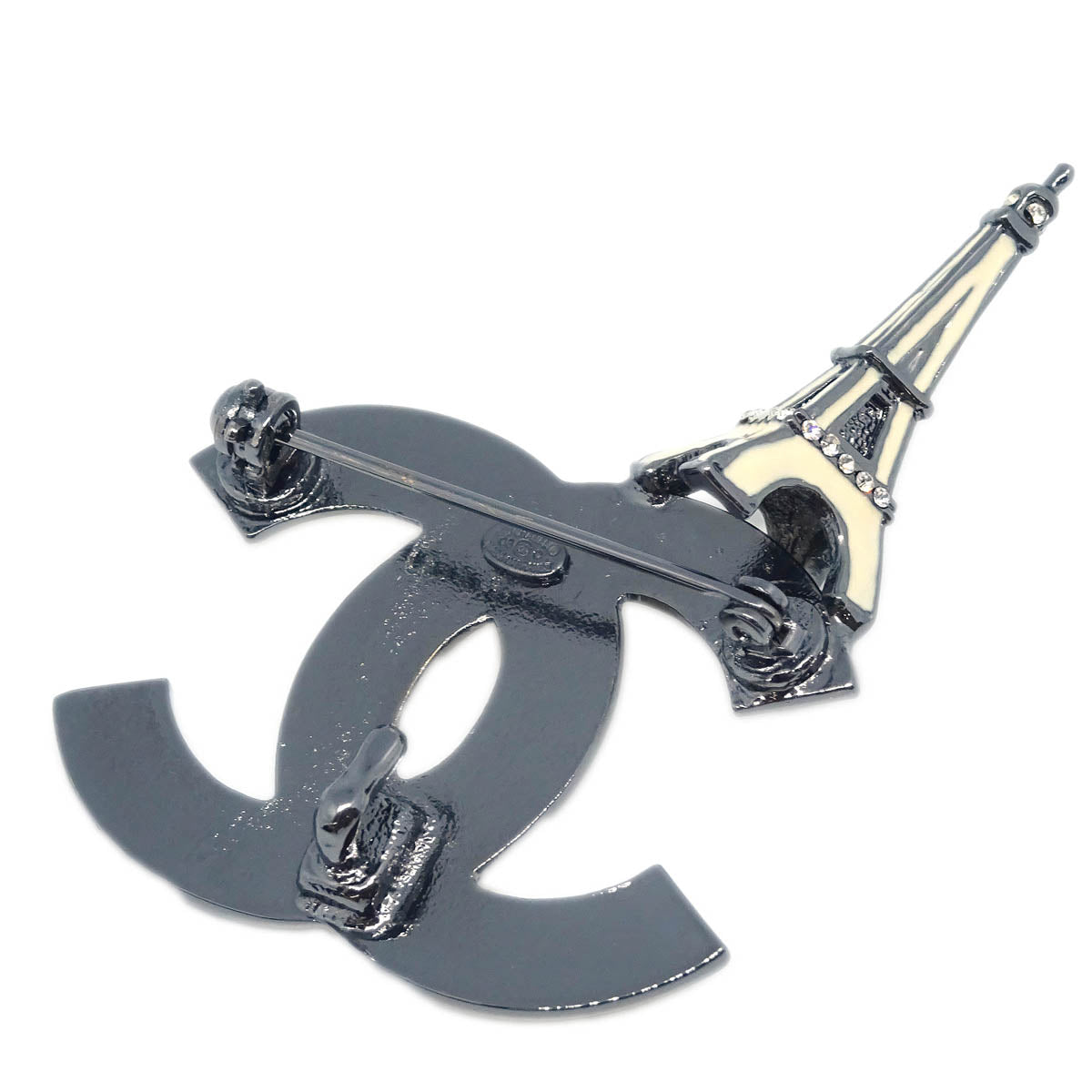 Chanel CC Eiffel Tower Brooch Pin White Rhinestone 06C