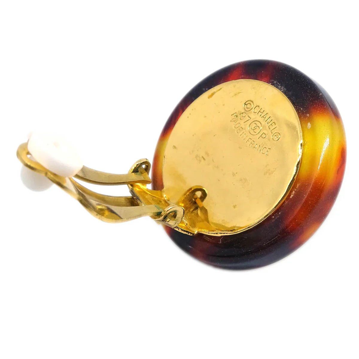 Chanel Earrings Clip-On Button Costume Pearl Gold 97P