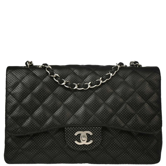 Chanel Black Perforated Lambskin Jumbo Classic Flap Shoulder Bag