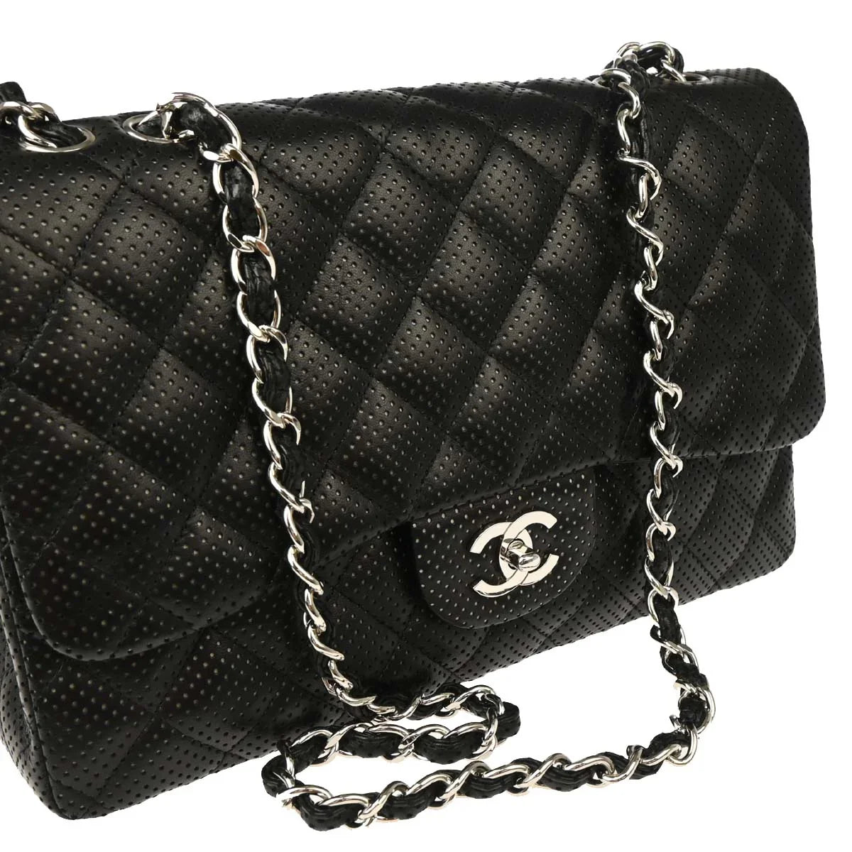 Chanel Black Perforated Lambskin Jumbo Classic Flap Shoulder Bag