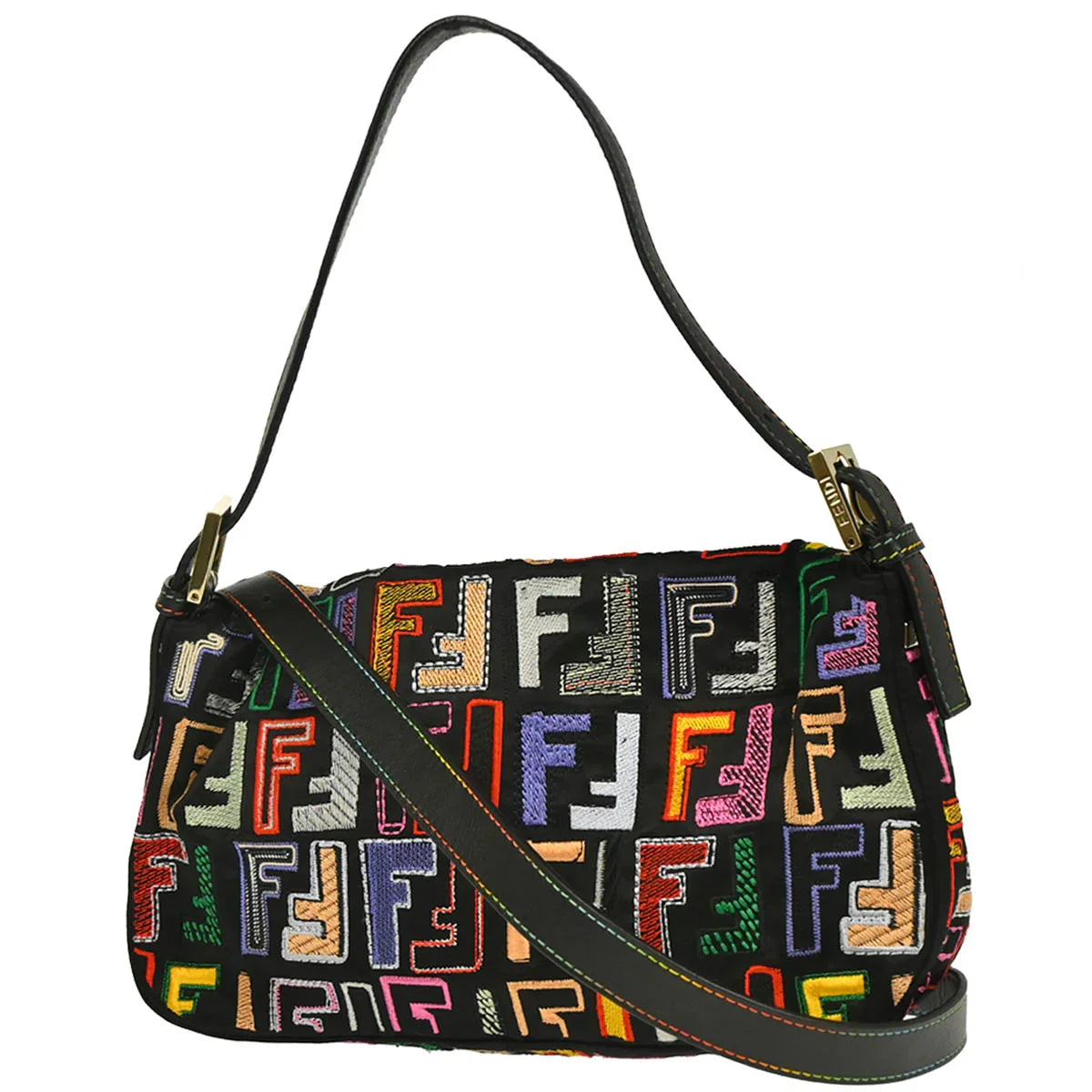 Fendi 2009 Black Satin Zucca Embroidered Baguette Handbag