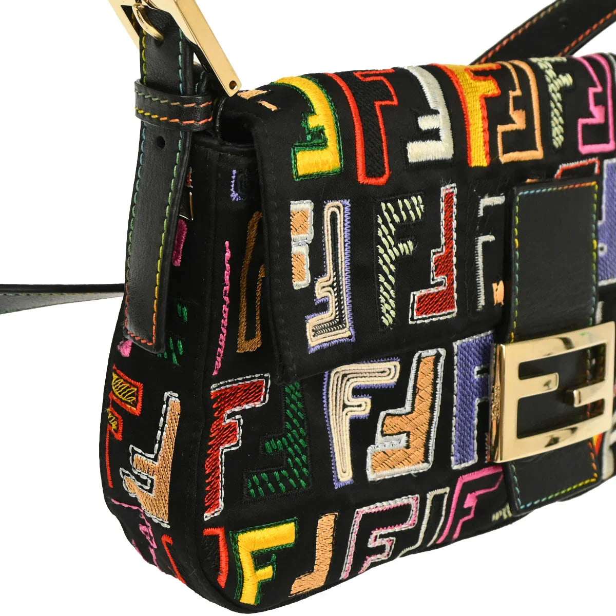 Fendi 2009 Black Satin Zucca Embroidered Baguette Handbag