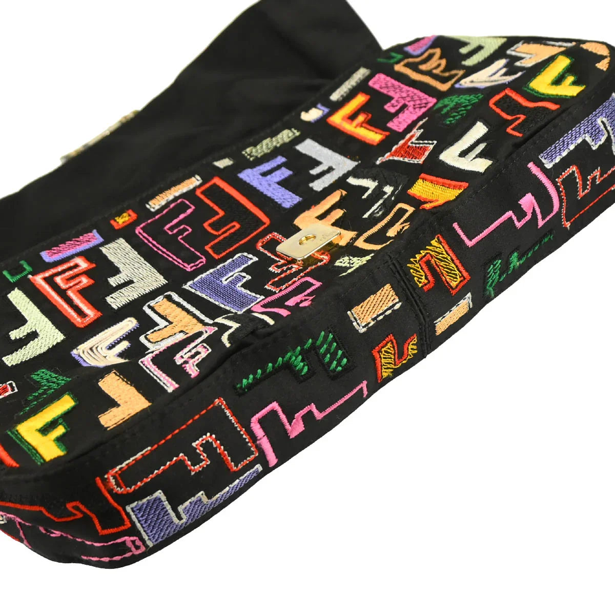 Fendi 2009 Black Satin Zucca Embroidered Baguette Handbag