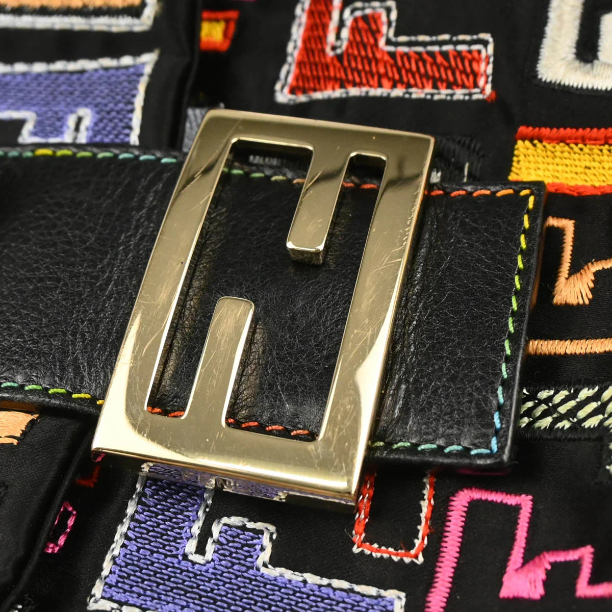 Fendi 2009 Black Satin Zucca Embroidered Baguette Handbag