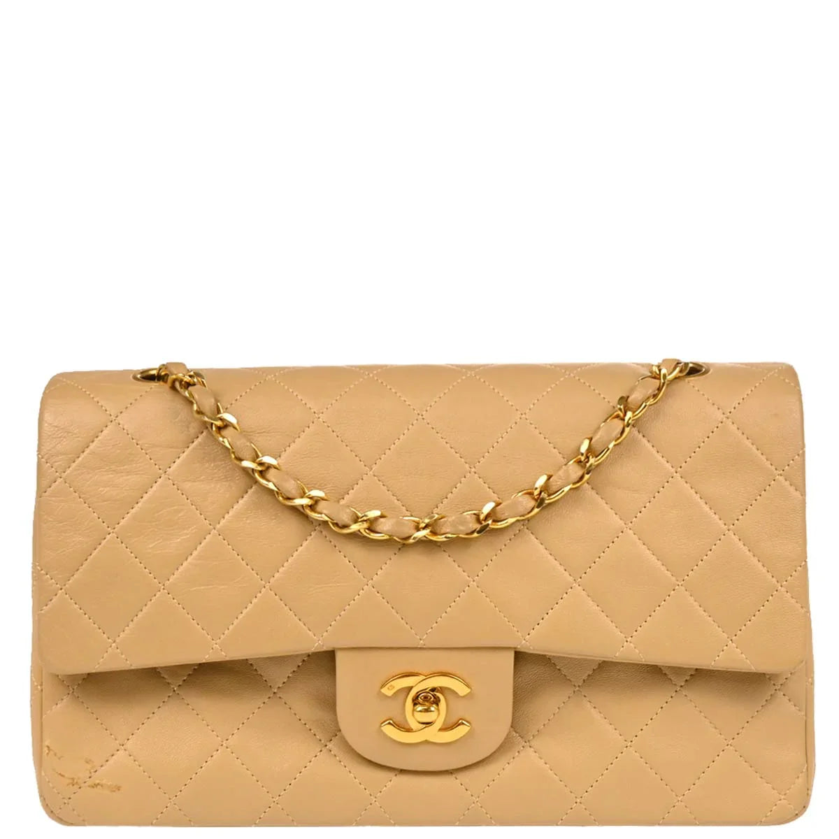 Chanel Beige Lambskin Medium Classic Double Flap Shoulder Bag