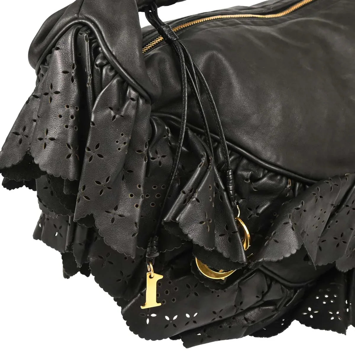 Christian Dior Black Leather Gypsy Ruffle Hobo Handbag