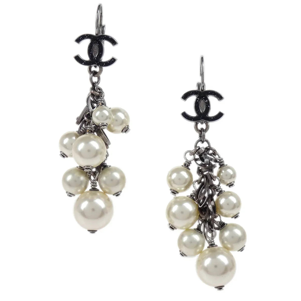 Chanel Dangle Piercing Earrings Costume Pearl CC Silver 07A