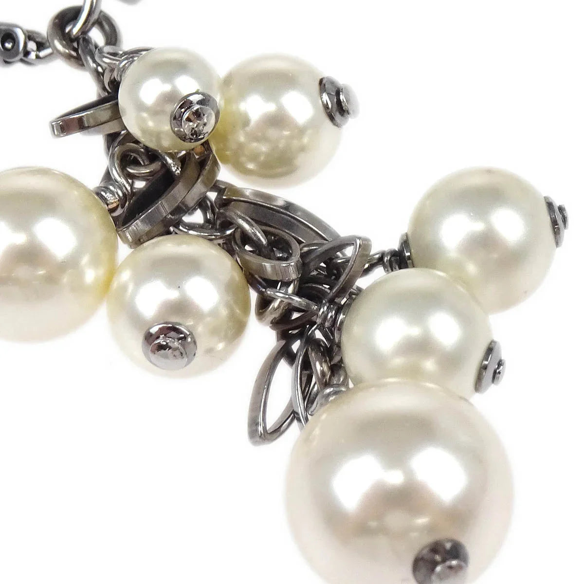 Chanel Dangle Piercing Earrings Costume Pearl CC Silver 07A