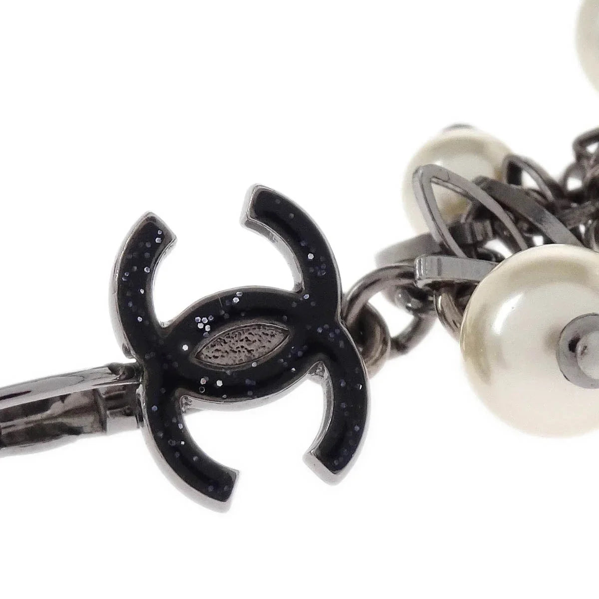 Chanel Dangle Piercing Earrings Costume Pearl CC Silver 07A
