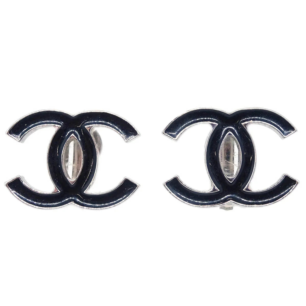 Chanel CC Earrings Clip-On Silver Black 04A
